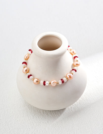 Sterling silver fashion natural pearl ruby bracelet